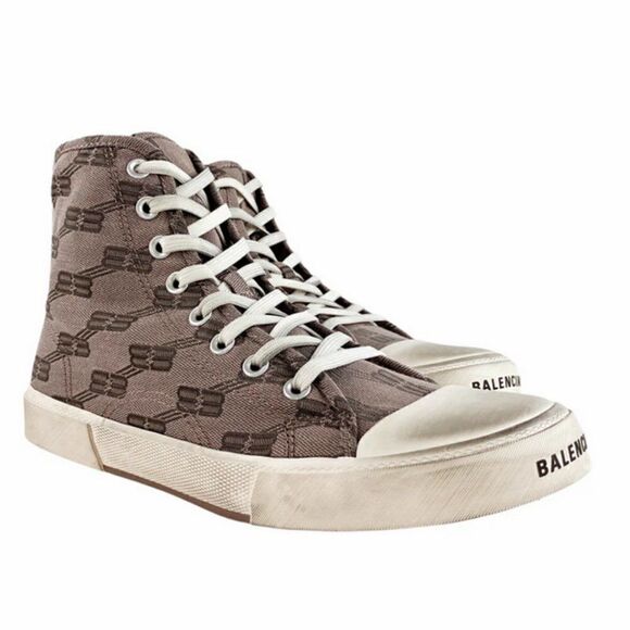 BALENCIAGA Distressed High-Top Sneakers BB Logo Canvas Brown Sz 42 NIB - Picture 1 of 14